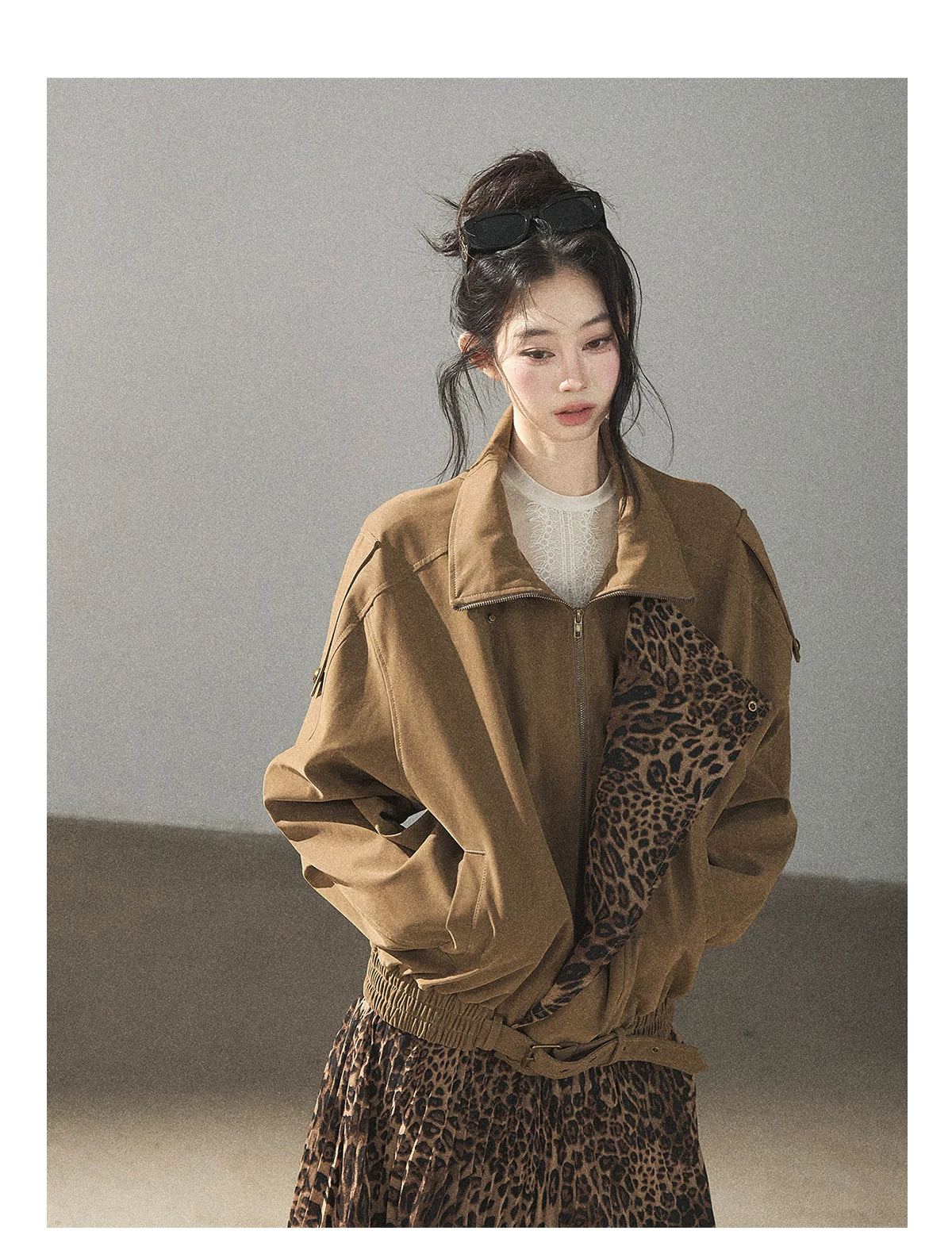 AOMALM - “Acorn & Fallen Leaves” Korean Leopard Print Chestnut Brown Faux Suede Jacket