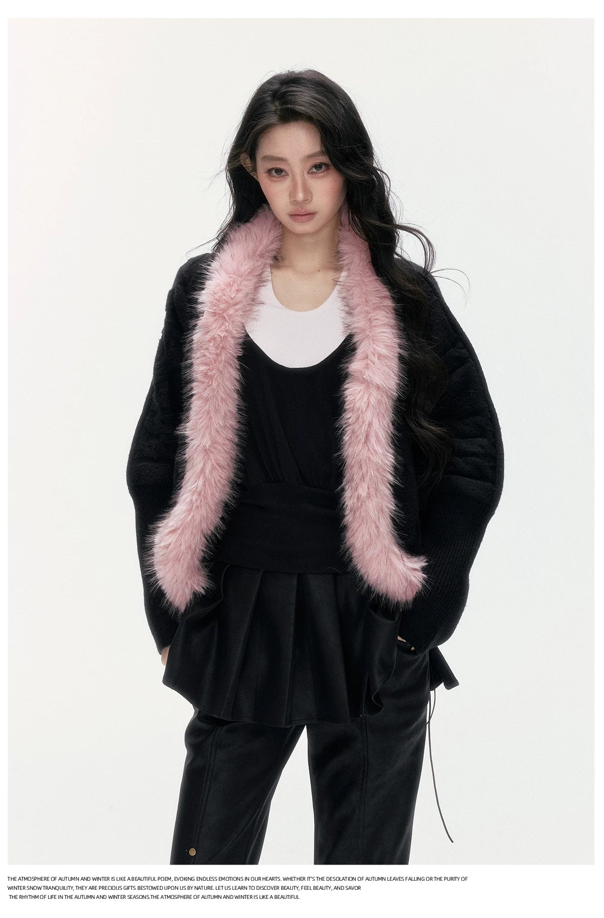 24olvides - Black Pink Cable Knit Cardigan with Detachable Faux Fur Collar