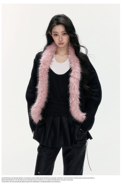 24olvides - Black Pink Cable Knit Cardigan with Detachable Faux Fur Collar