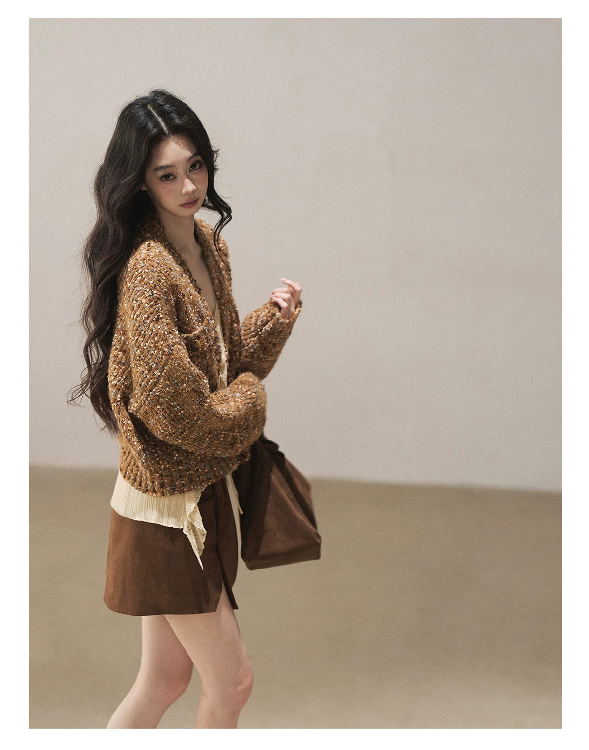 AOMALM - "The Gap of Light" Cheese Yellow Korean Ruffle Lace-Trim Knit Cardigan