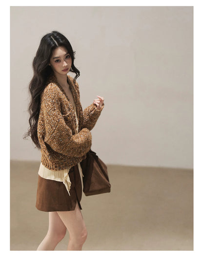 AOMALM - "The Gap of Light" Cheese Yellow Korean Ruffle Lace-Trim Knit Cardigan
