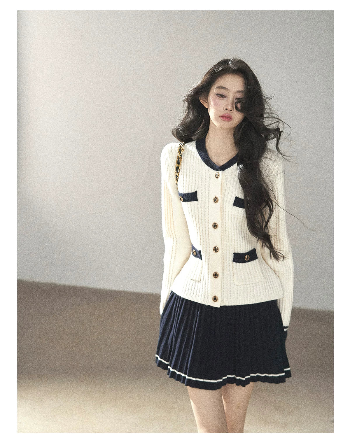 AOMALM - Creamy Off-White Cardigan & Navy Mini Skirt Set