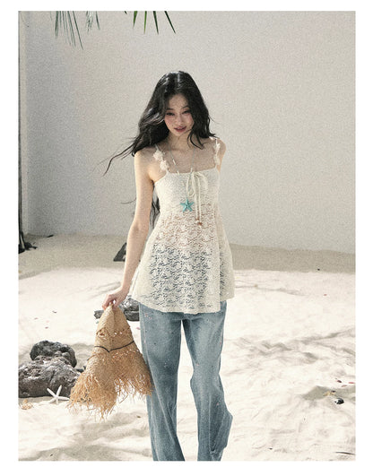 "Morning Mist" Frost White Lace Sheer Cami Top 65123