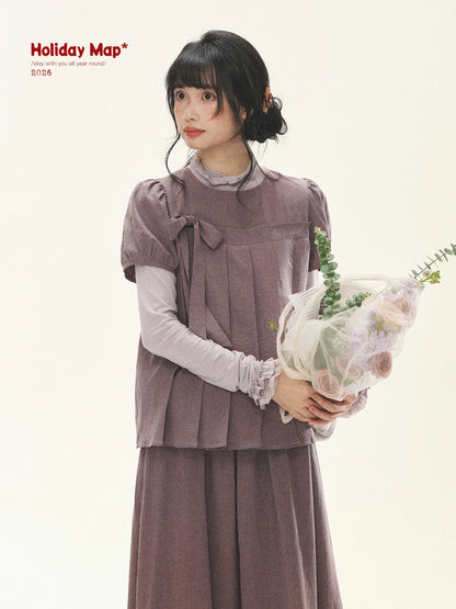 "Whispers Between Pleats" Gray Grape Purple Pleated Top & Maxi Skirt Set