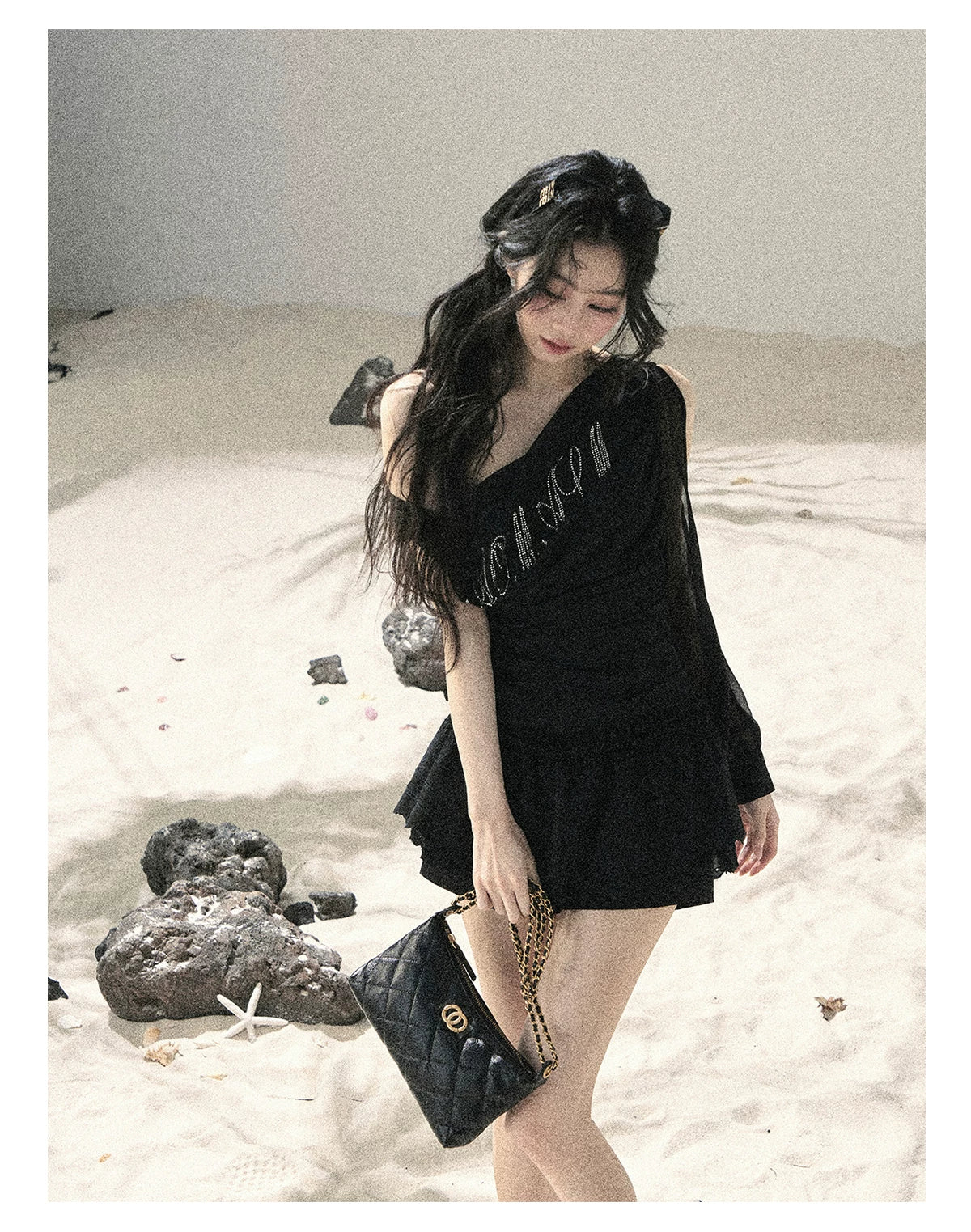 "Scattered Starlight" Midnight Black Off-Shoulder Mesh Waist-Cinched Top