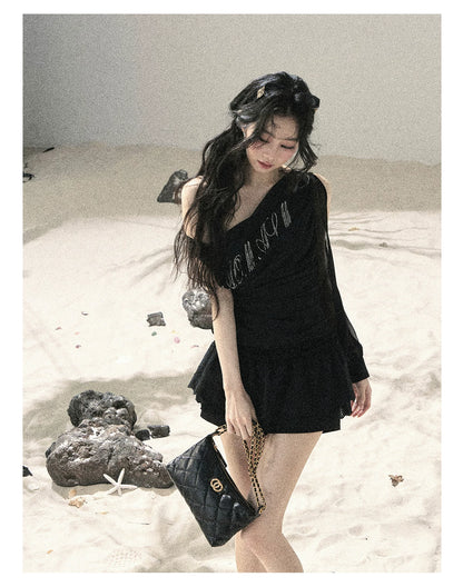 "Scattered Starlight" Midnight Black Off-Shoulder Mesh Waist-Cinched Top