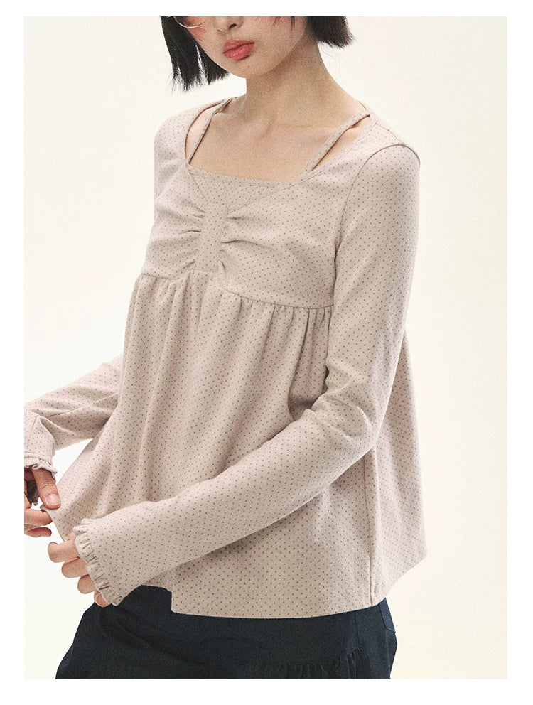 "Sweet Favorite" Polka Dot Faux-Layer Bow Knit Top (Gray Brown/ Blush Pink)