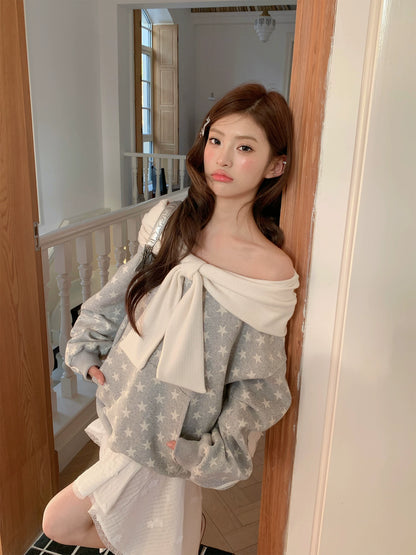 “Starlit Ribbon Reverie” Grey Off-Shoulder Hoodie