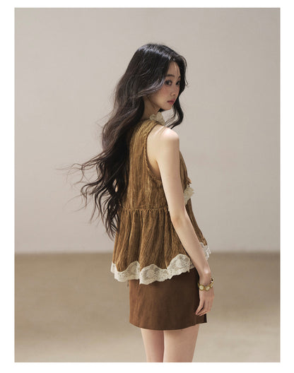 170726 "When the Begonias Fall" Roasted Pecan Lace Sleeveless Blouse