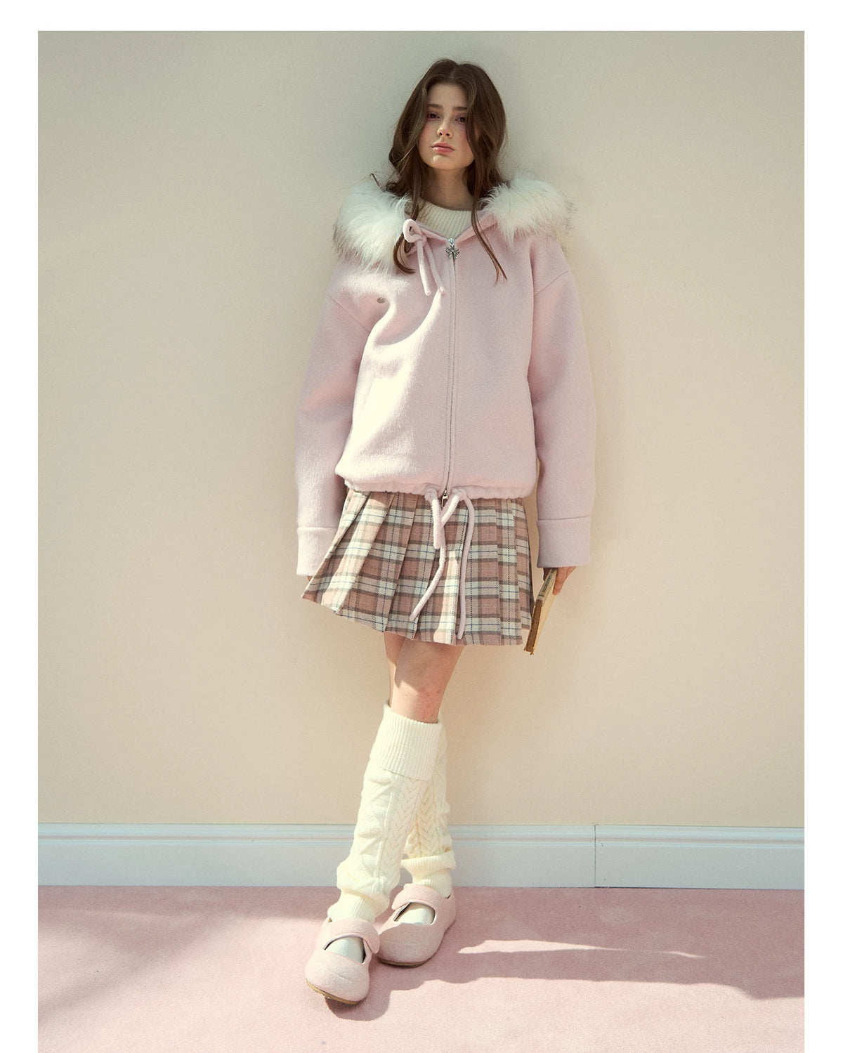 SunsetPark - "Warm Winter Days" Faux Fur Collar Wool-Blend Top Coat (Gray / Pink)