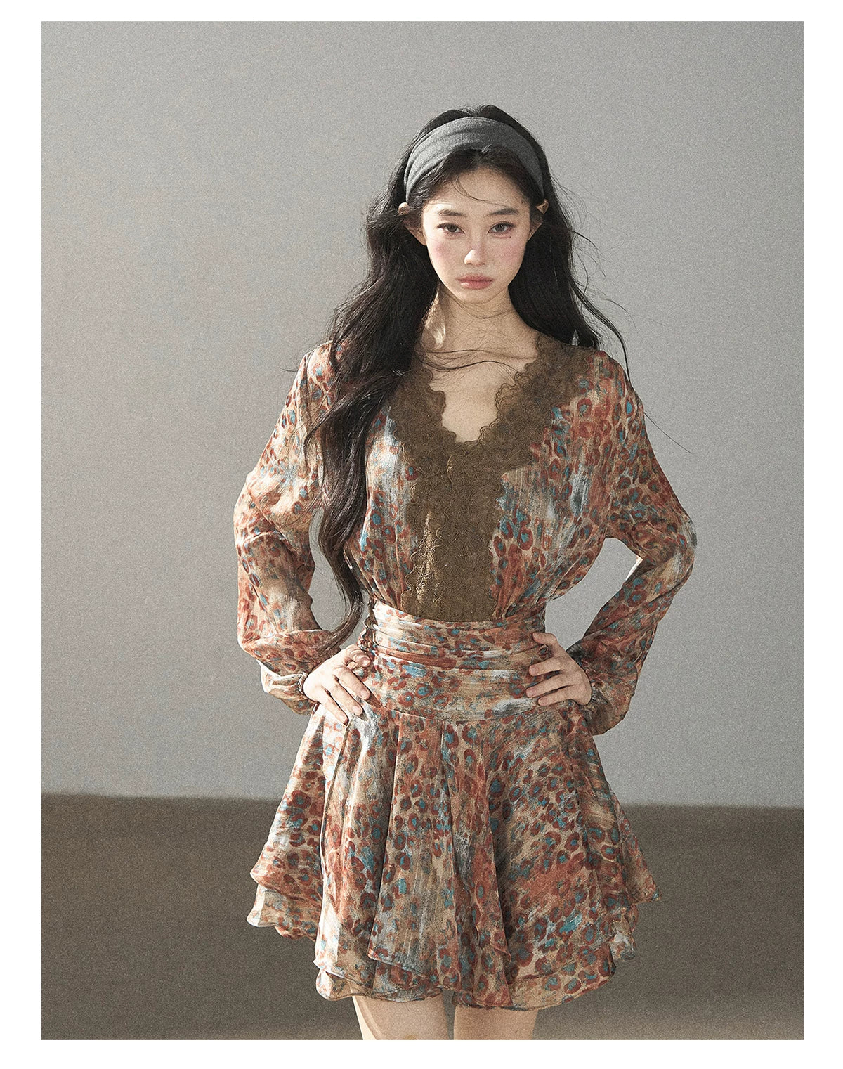 AOMALM - “Whispers of Withered Branches” Rich Cocoa French Lace Chiffon Mini Dress with Tights