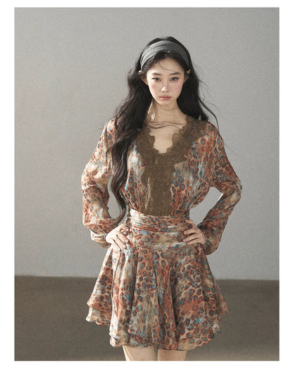 AOMALM - “Whispers of Withered Branches” Rich Cocoa French Lace Chiffon Mini Dress with Tights