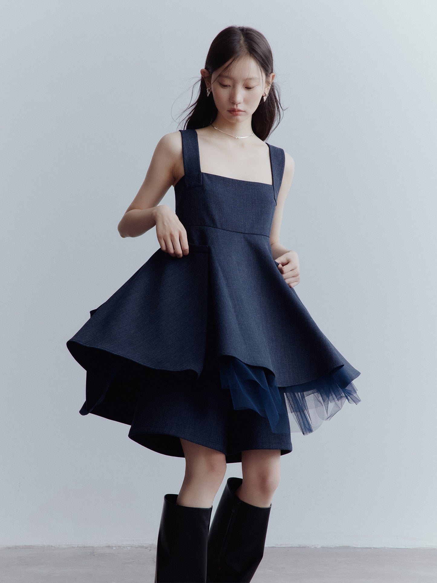 FUSSED Fantasy Manta Layered Mesh A-Line Dress – Midnight Blue FOF-25AW199a