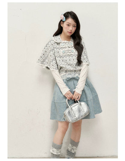 [RF] Mist Gray Argyle Jacquard Cropped Poncho-Style Pullover with Lace Trim