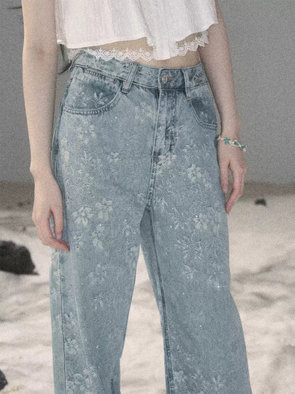 "Twinkling Starlight" Sky Blue Floral Rhinestone Wide-Leg Jeans
