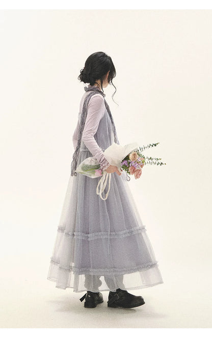 "Morning Veil" Morning Mist Purple Tiered Mesh Slip Midi Dress