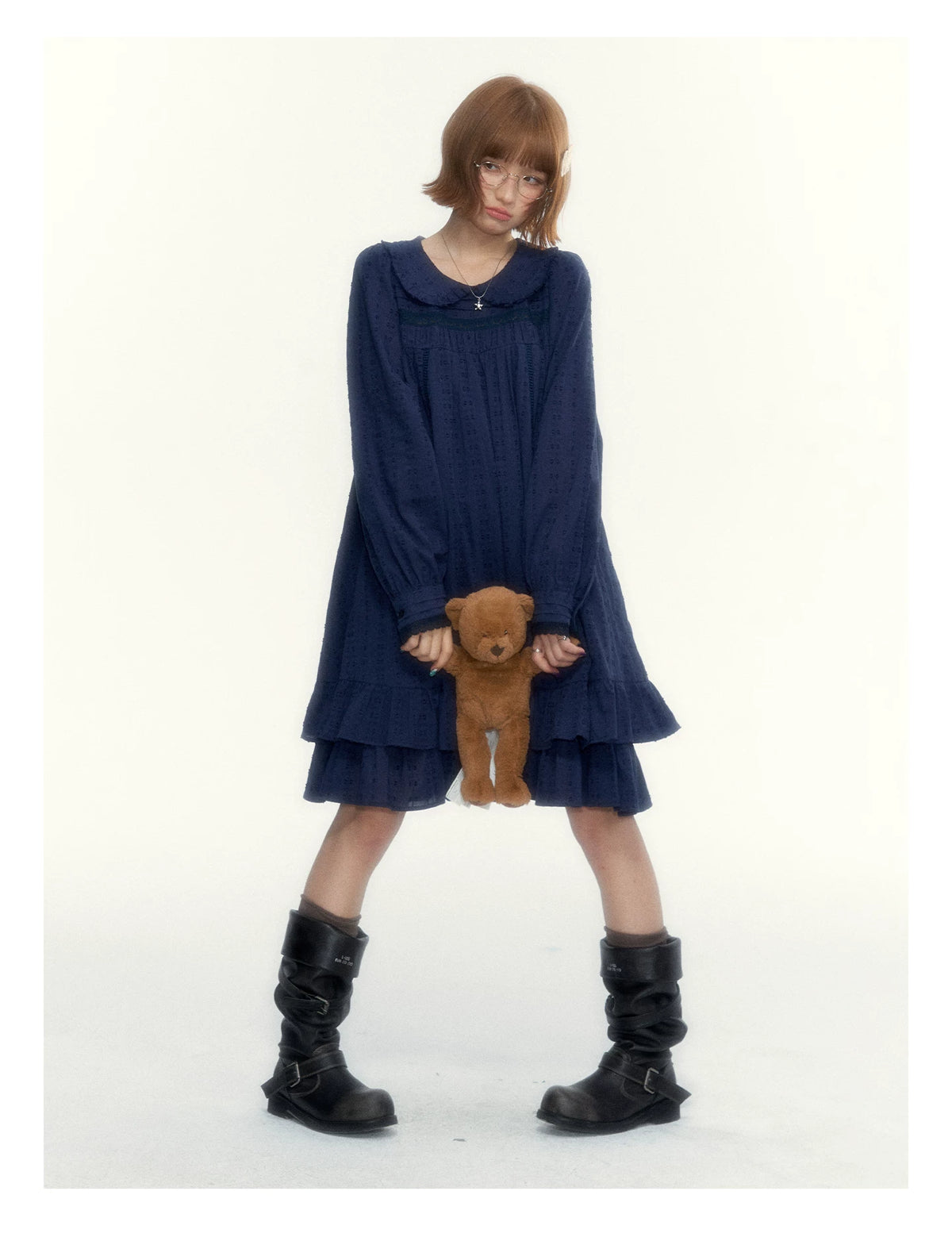 “Vintage Ribbon” Navy Peter Pan Collar Lace-Trimmed A-Line Dress