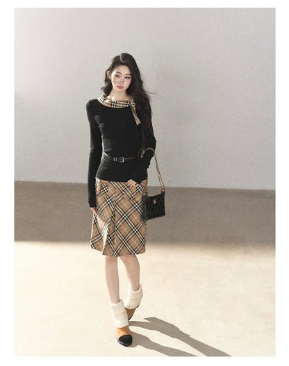 AOMALM - Black Knit Top & Light Smoky Brown Plaid Skirt Set with Belt