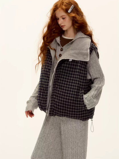 ASGONY - Reversible Plaid Lace-Trim Quilted Vest (Brown / Gray)