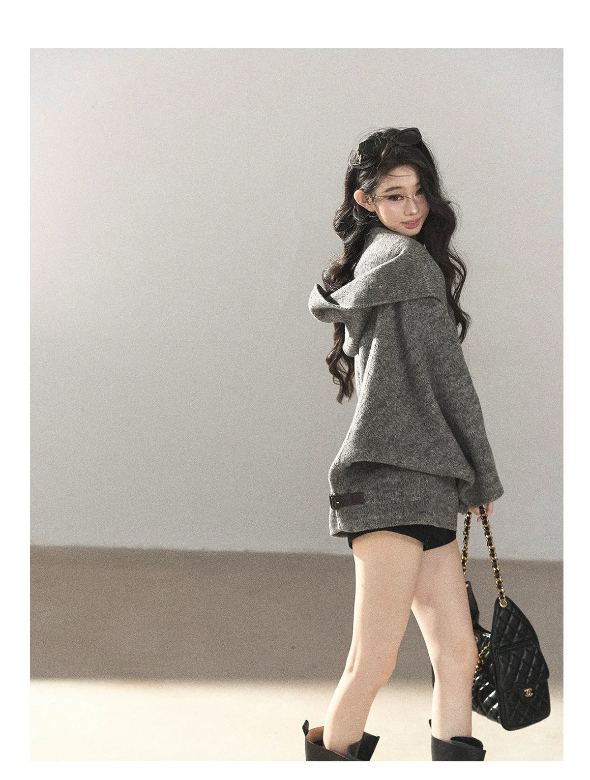 AOMALM - Dark Heather Gray Hooded Wool-Blend Jacket (With Inner Bra)