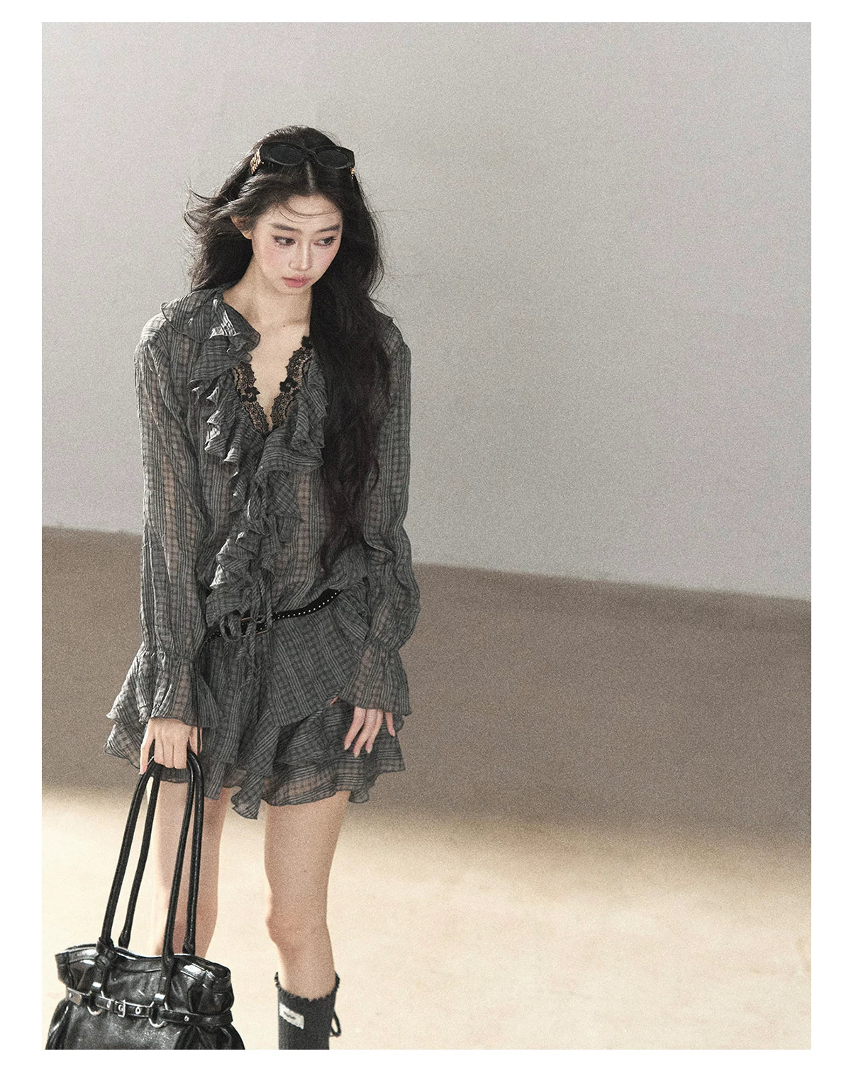 AOMALM - "Gray Check & Wild Wind" Ruffle Top & Mini Skirt Set (With Belt)