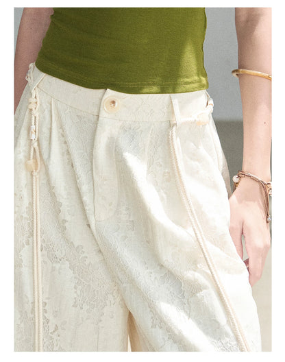 "A Love Letter to Sunlight" Dutch Cream Lace Wide-Leg Pants (With Matching Waist Rope)