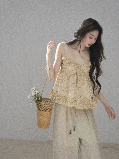 "Her Little Daisy" Milkshake Yellow Floral Ruffle Cami Top