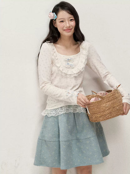 [RF] Cream Floral Peter Pan Collar Long-Sleeve Fitted Layering Top with Lace Details
