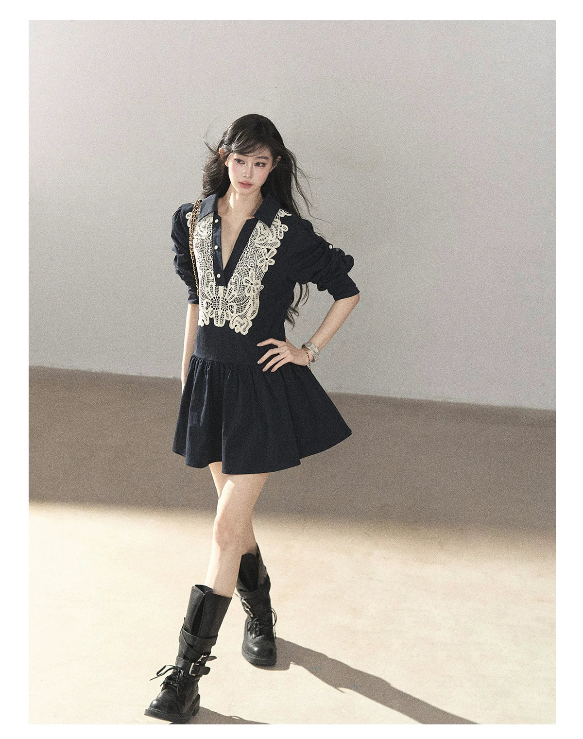 AOMALM - Navy French-Inspired Lace Shirt Mini Dress with Convertible Sleeves