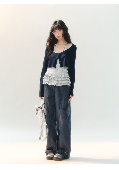 [CAN] "Tomorrow's Star" Dark Indigo Studded Wide-Leg Denim Jeans