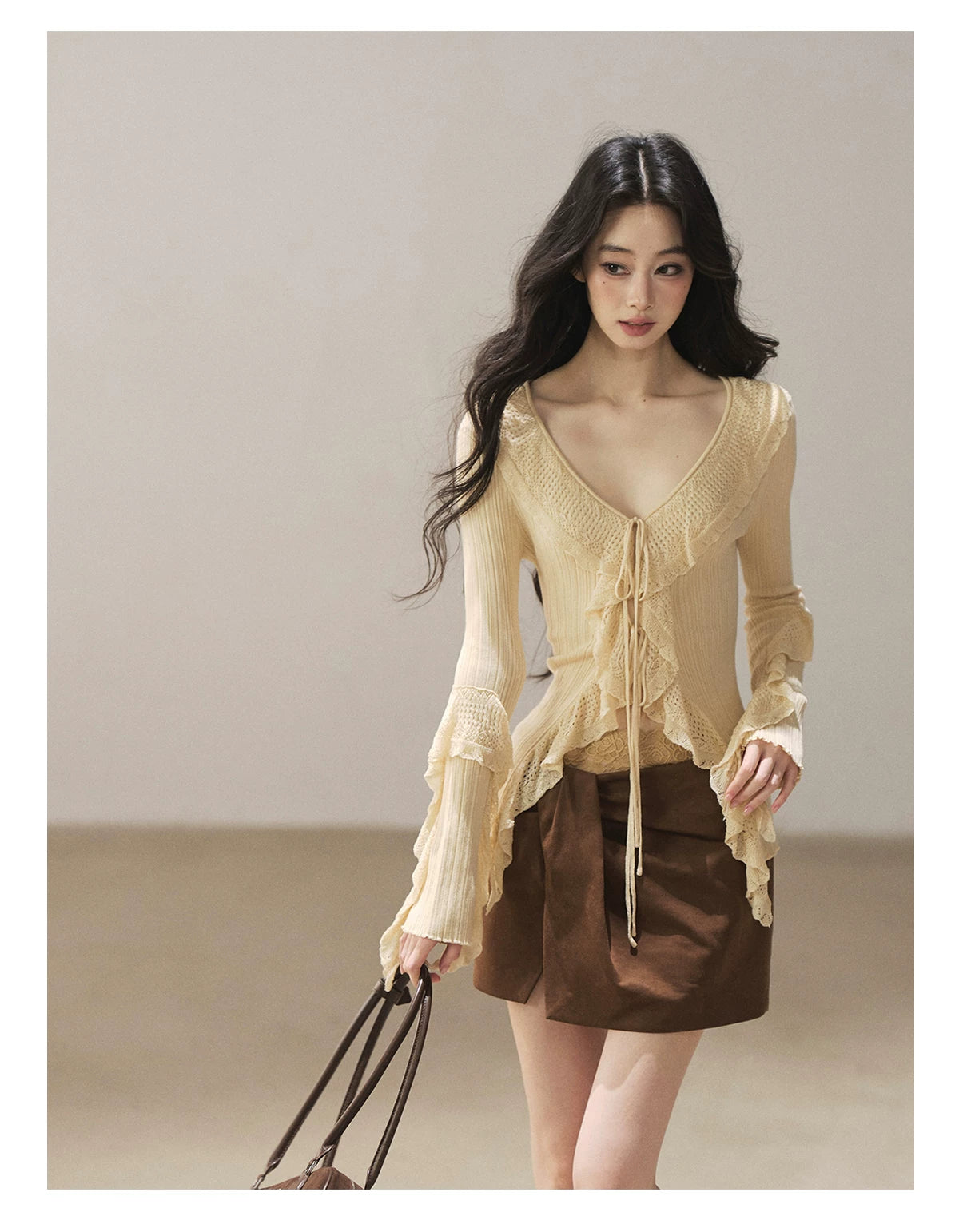 AOMALM - "The Gap of Light" Cheese Yellow Korean Ruffle Lace-Trim Knit Cardigan