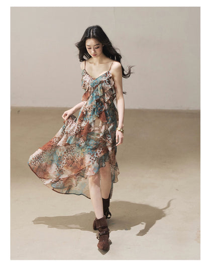"She Never Looks Back" Peacock Blue Leopard Chiffon Maxi Dress