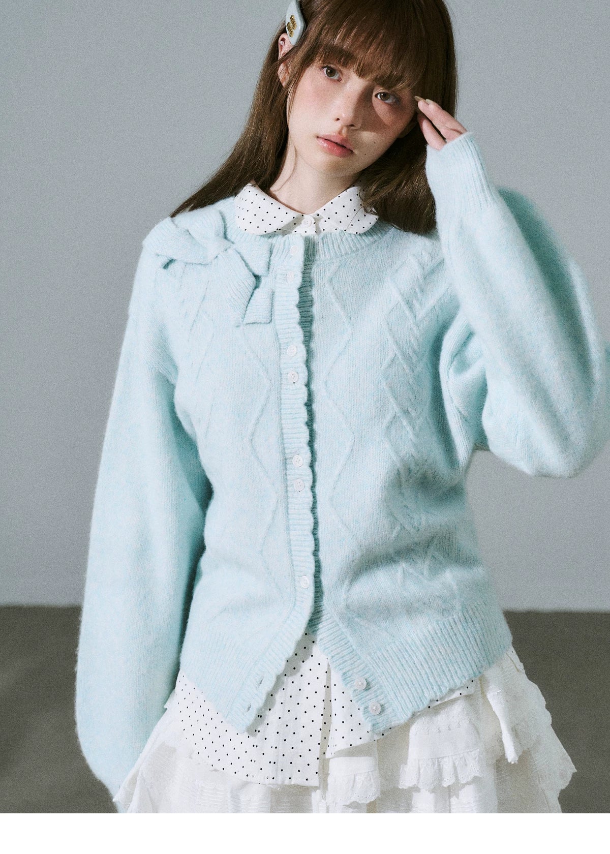 LOST FOREST - Teal Green Wool Blend Bow Cardigan