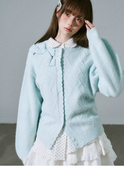 LOST FOREST - Teal Green Wool Blend Bow Cardigan
