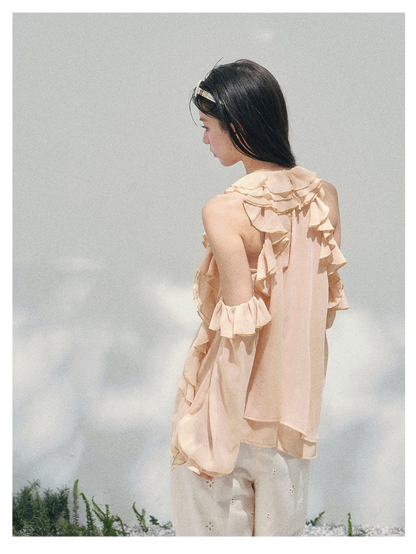 少也眼 “Heidi Heiress” Light Sand Sheer Ruffle Top 142