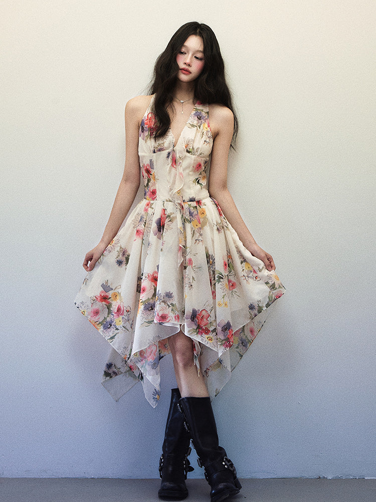 1P - “On The Ground” Watercolor Bloom Halter Midi Dress