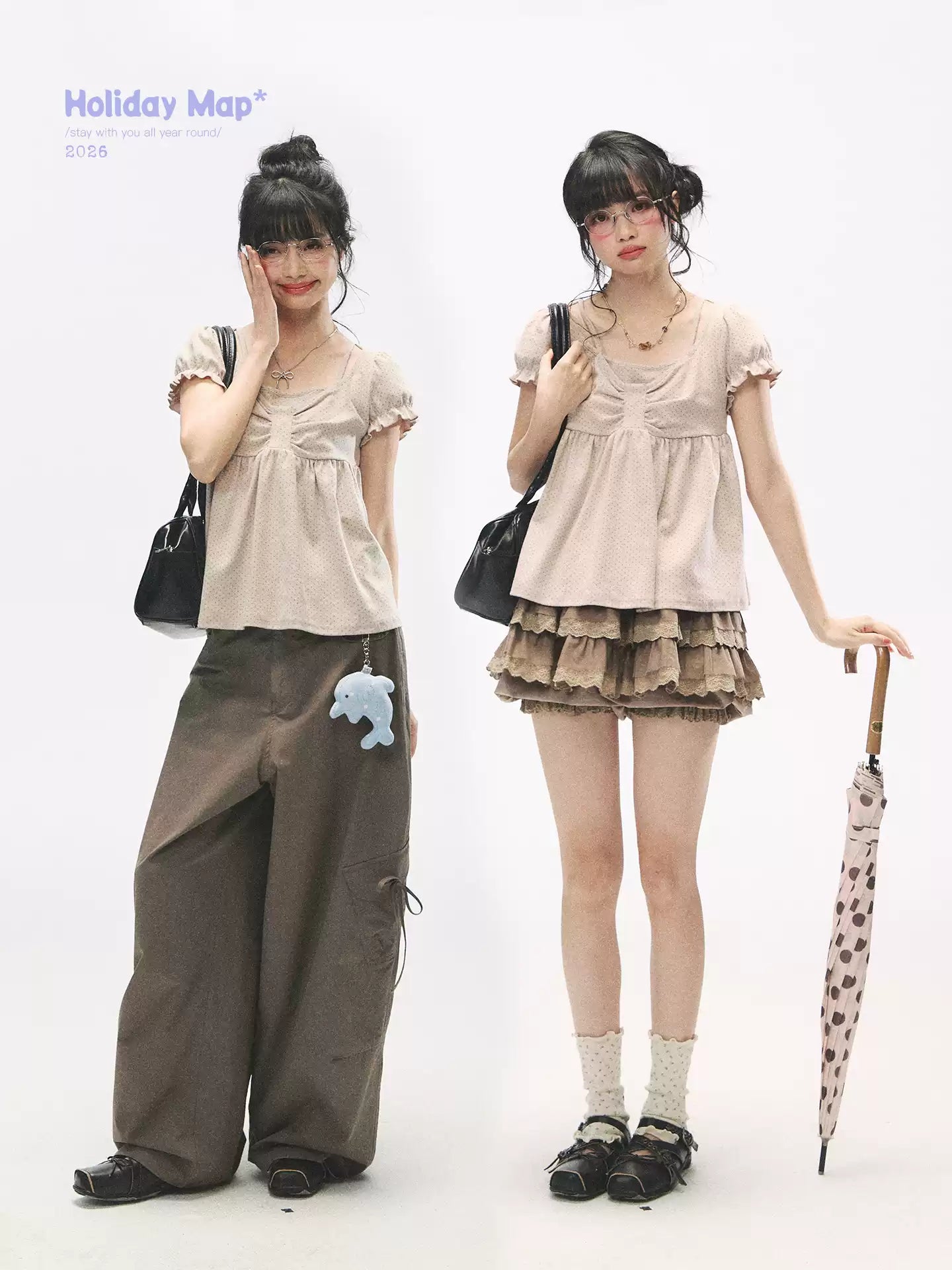 "Sweetheart Crew" Polka Dot Faux Two-Piece Bow Knit Short Sleeve Top