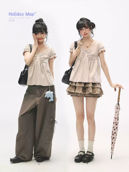 "Sweetheart Crew" Polka Dot Faux Two-Piece Bow Knit Short Sleeve Top