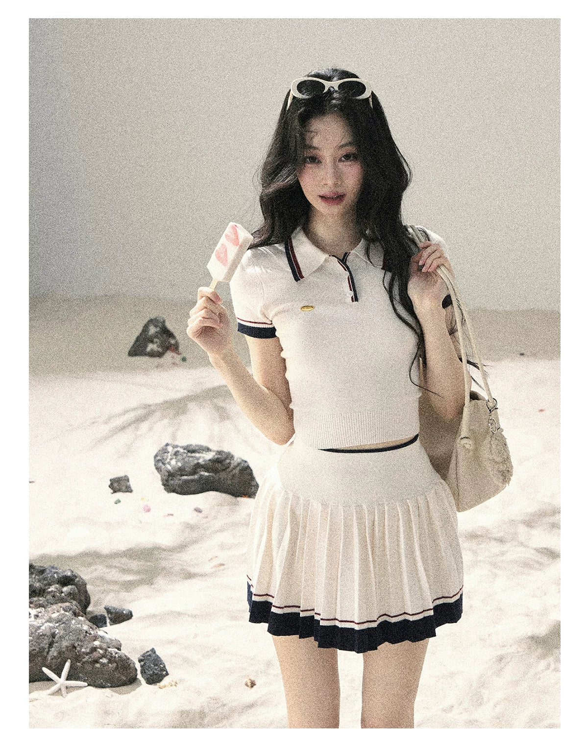 "Moonlight in Pieces" Cloud White Ribbed Knit Top & Pleated Mini Skirt Two-Piece Set