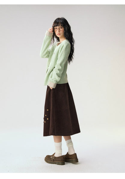 [CAN] “Caramel Glow” Brown Corduroy High-Waist A-Line Skirt