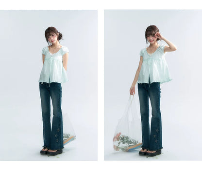 "Mint Morning Glow" Mint Green Lace Tie-Front Cardigan Blouse