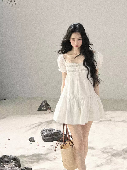 "Light as a Cloud" Frost White Puff Sleeve Lace Babydoll Mini Dress