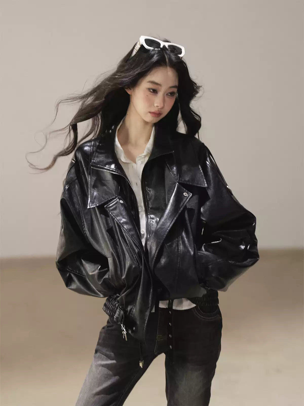 AOMALM - "Solo Journey" Quiet Black Oversized PU Moto Jacket