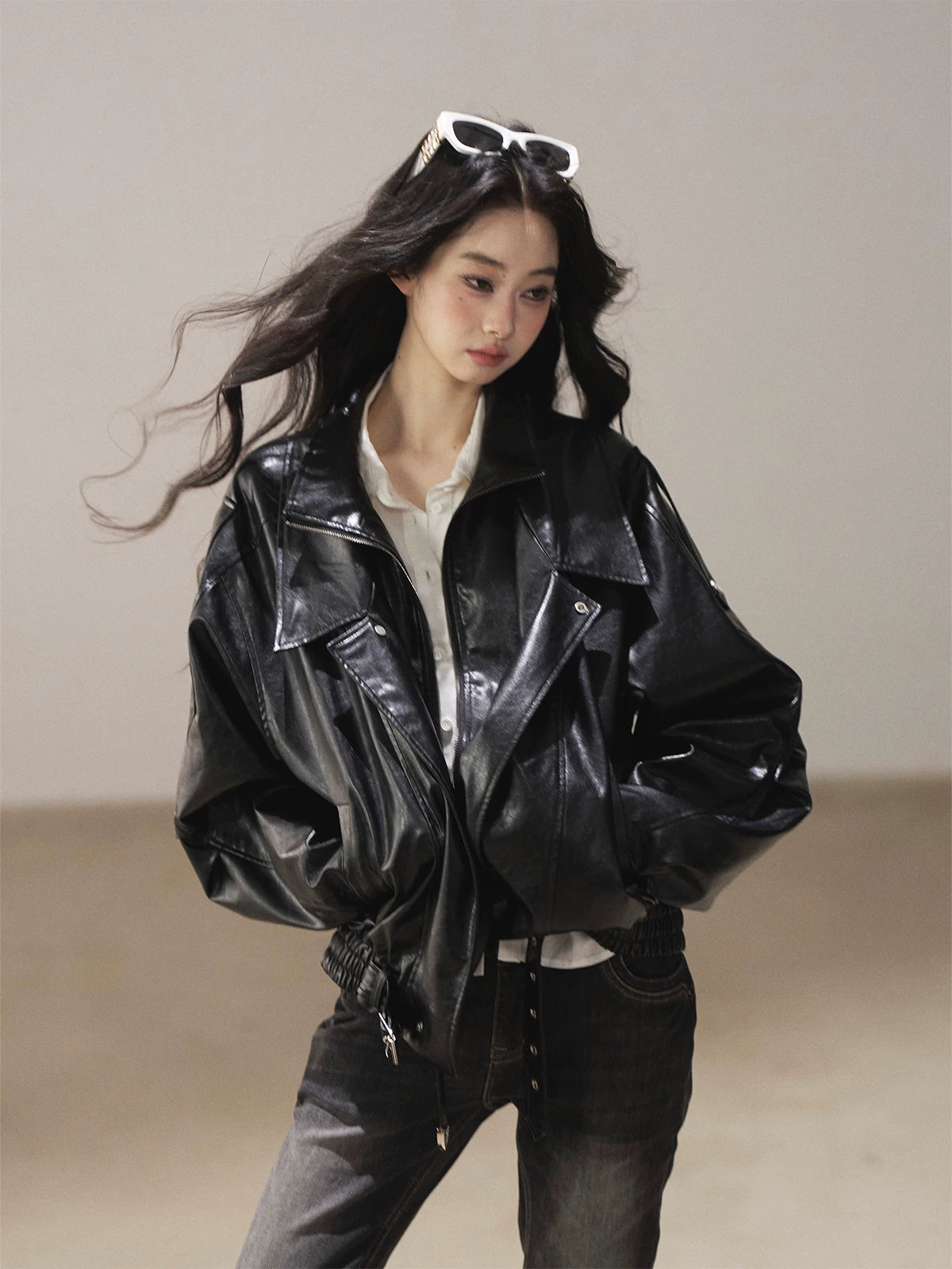 AOMALM - "Solo Journey" Quiet Black Oversized PU Moto Jacket