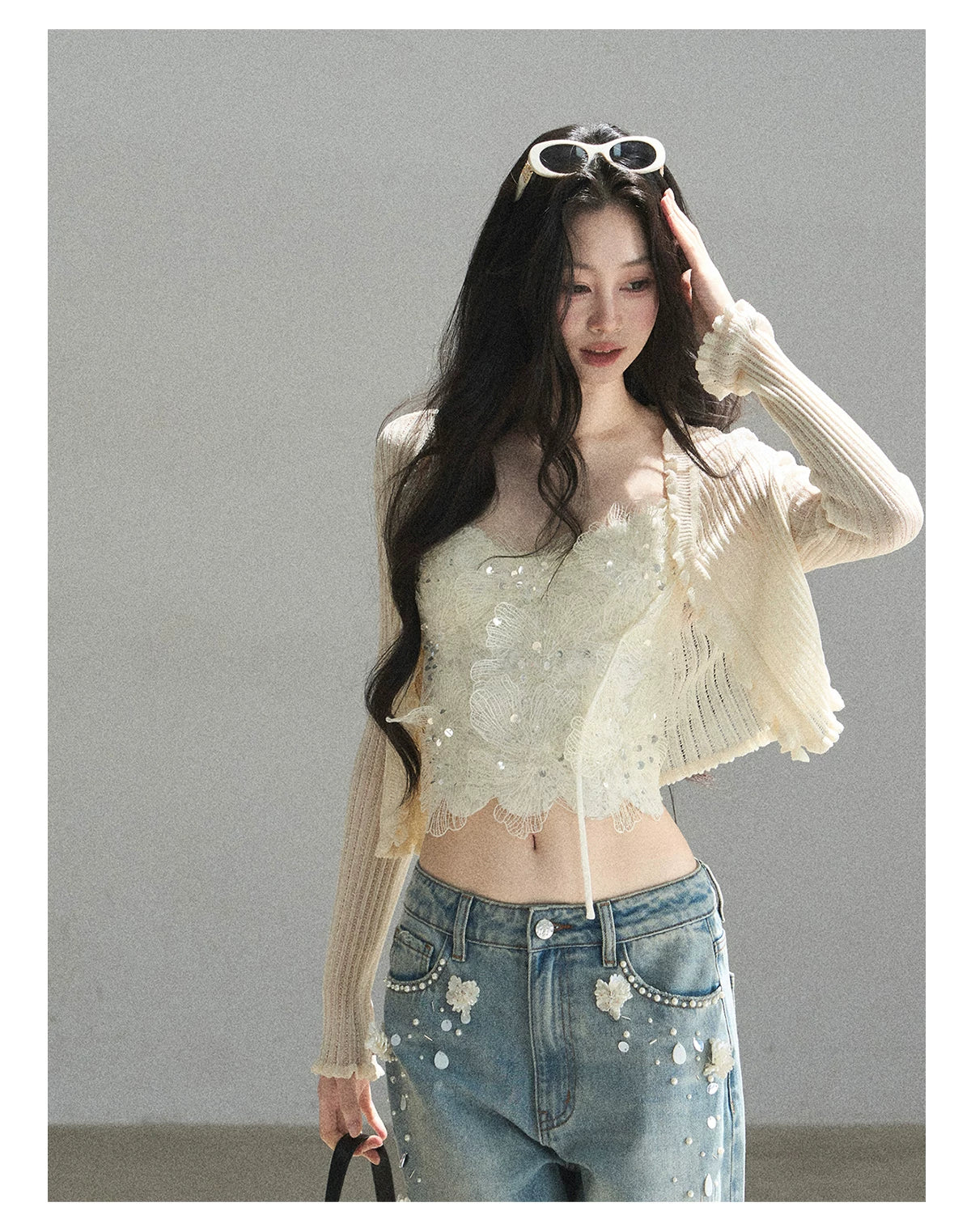"Waiting for the Breeze" Apricot Lace Knit Cardigan & Cami Set