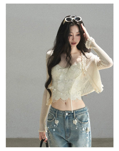 "Waiting for the Breeze" Apricot Lace Knit Cardigan & Cami Set