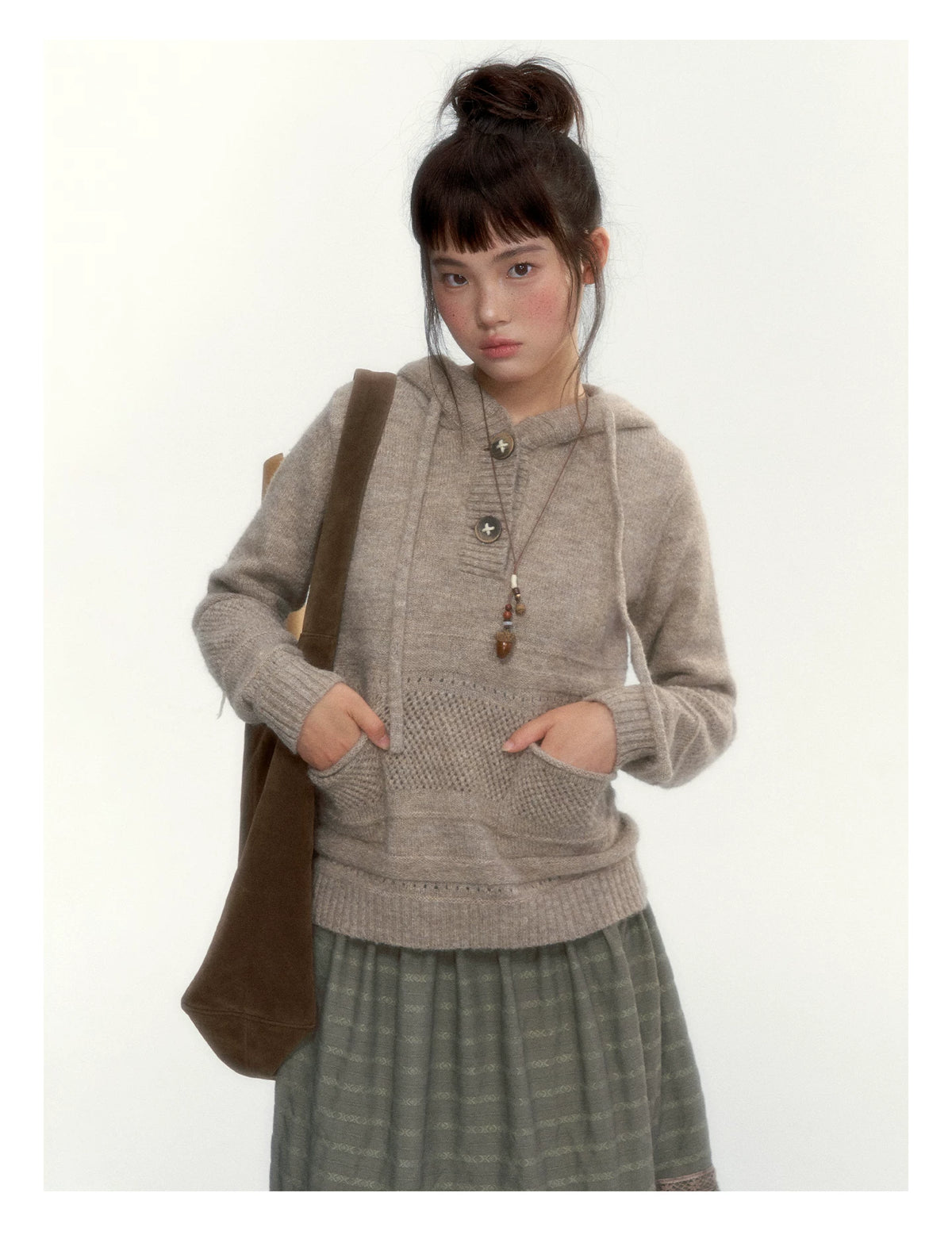 Oatmeal Ribbed-Hem Hooded Knit Sweater