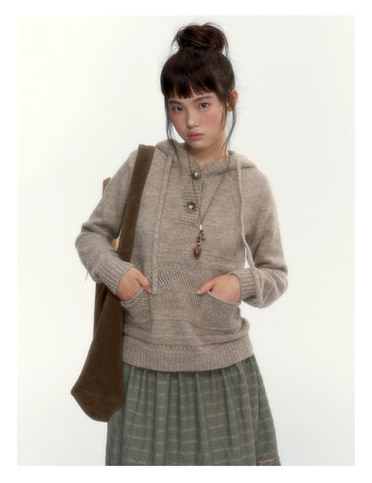 Oatmeal Ribbed-Hem Hooded Knit Sweater