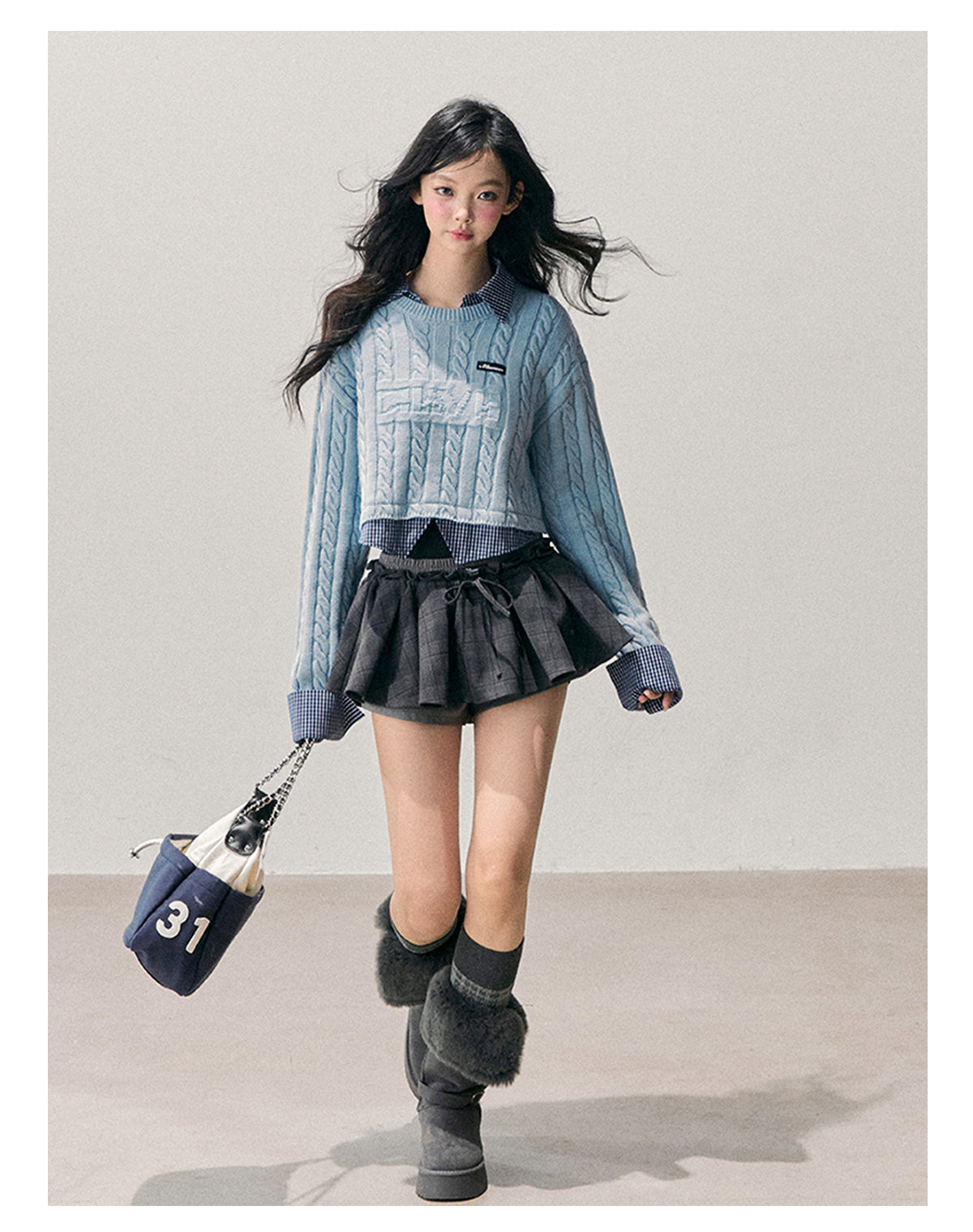 少也眼 “Falling Blue” Faux-Layered Wool Knit Sweater 658454