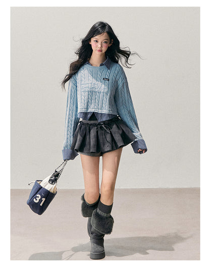 少也眼 “Falling Blue” Faux-Layered Wool Knit Sweater 658454